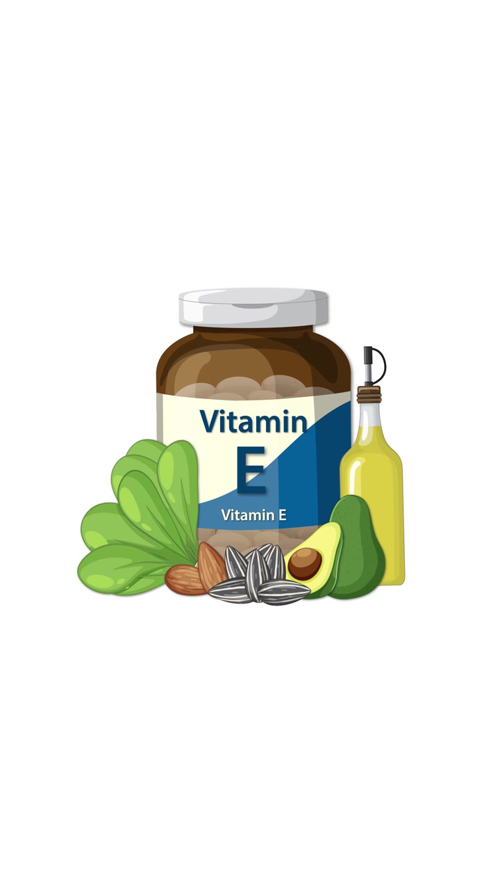 E-vitaminflaske med spinat, avocado, nødder, frø og olie på hvid baggrund, med bløde overgange.