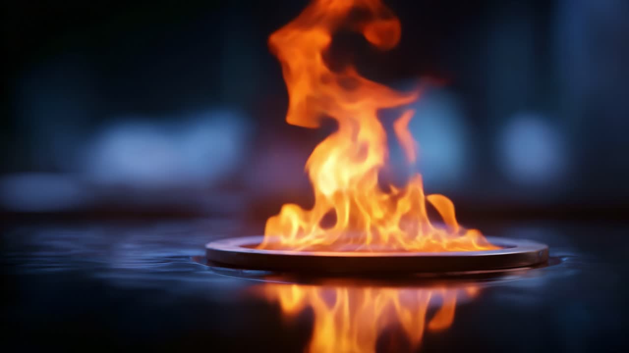 Captivating Flames Dancing on a Reflective Surface: Stunning Visuals of Fire's Movement, Colors, and Energy in a Serene Environment