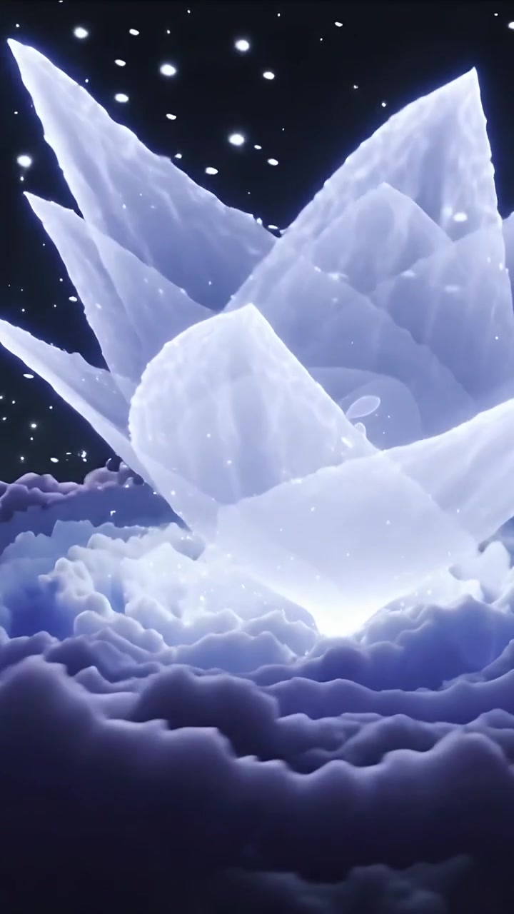 Vertical video: Falling beam striking purple clouds making lotus bloom forming ring revealing stars