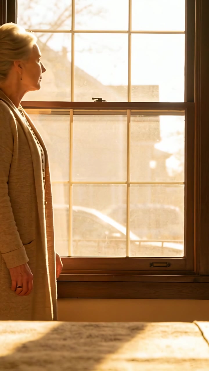 Vertical video: Sun drawing senior woman in robe looking, hand on sill watching street, copy space