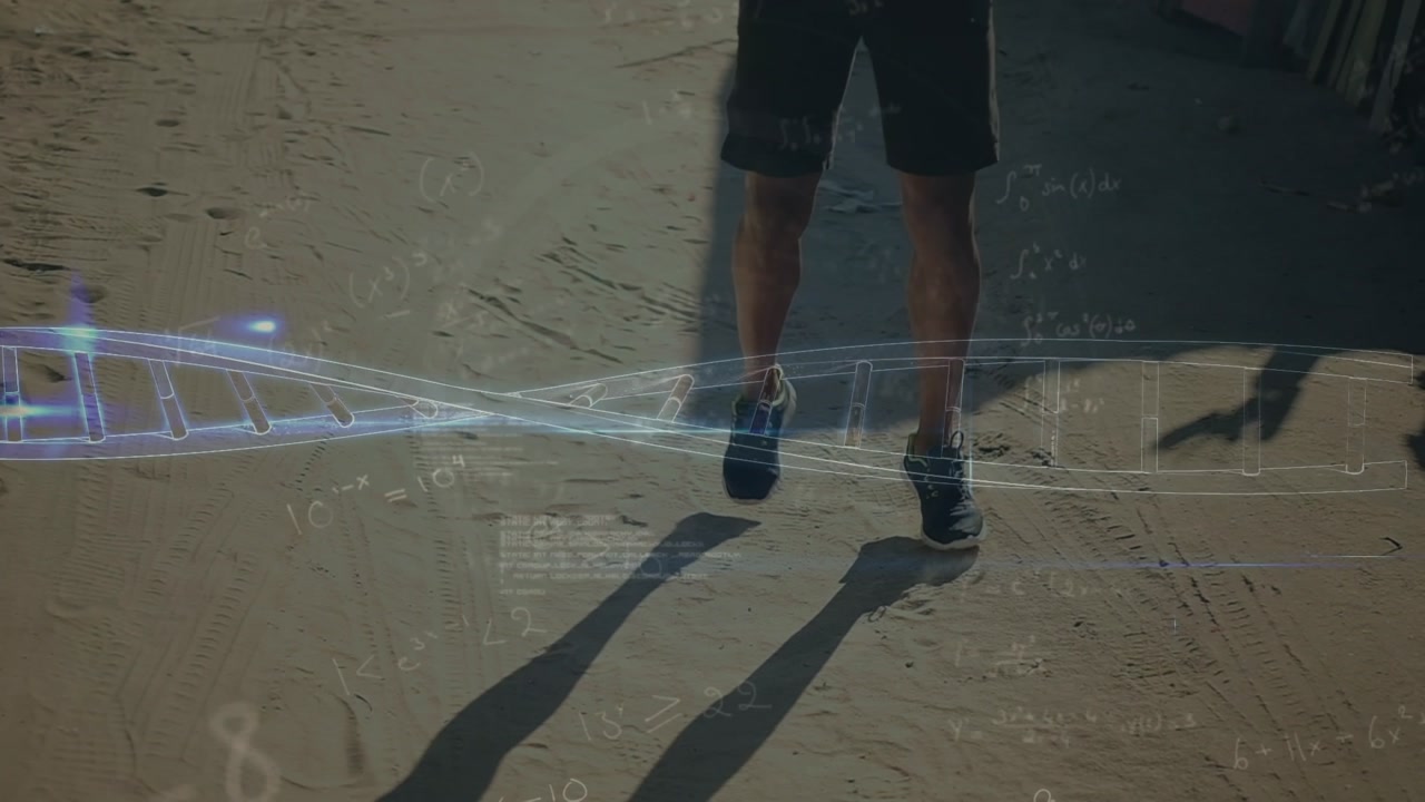 Animazione di schermo con dati scientifici e DNA su gambe di uomo caucasico che corre.