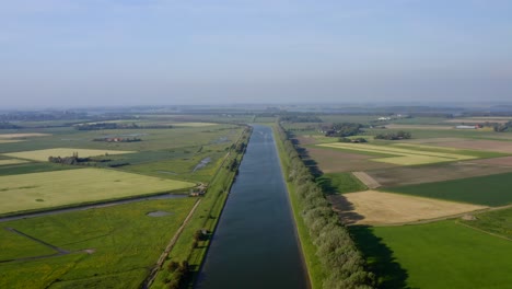 Toma-Aérea-En-Lo-Alto-Del-Canal-A-Través-De-Walcheren-Y-Las-Tierras-Agrícolas-Circundantes-En-Zelanda,-Los-Países-Bajos,-En-Un-Día-Soleado-De-Verano