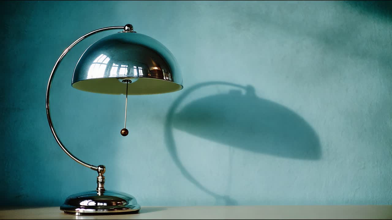 A Stunning Silver Desk Lamp Casting a Gentle Shadow Against a Soft Blue Wall, Creating a Serene and Elegant Atmosphere Perfect for Contemporary Interiors