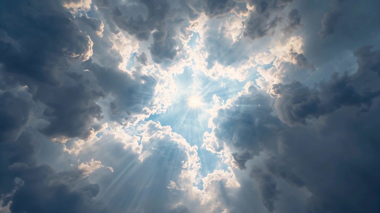 Il sole che emerge da uno squarcio tra le nuvole, raggi di sole che si riversano dal cielo verso terra, illuminando i bordi delle nuvole.