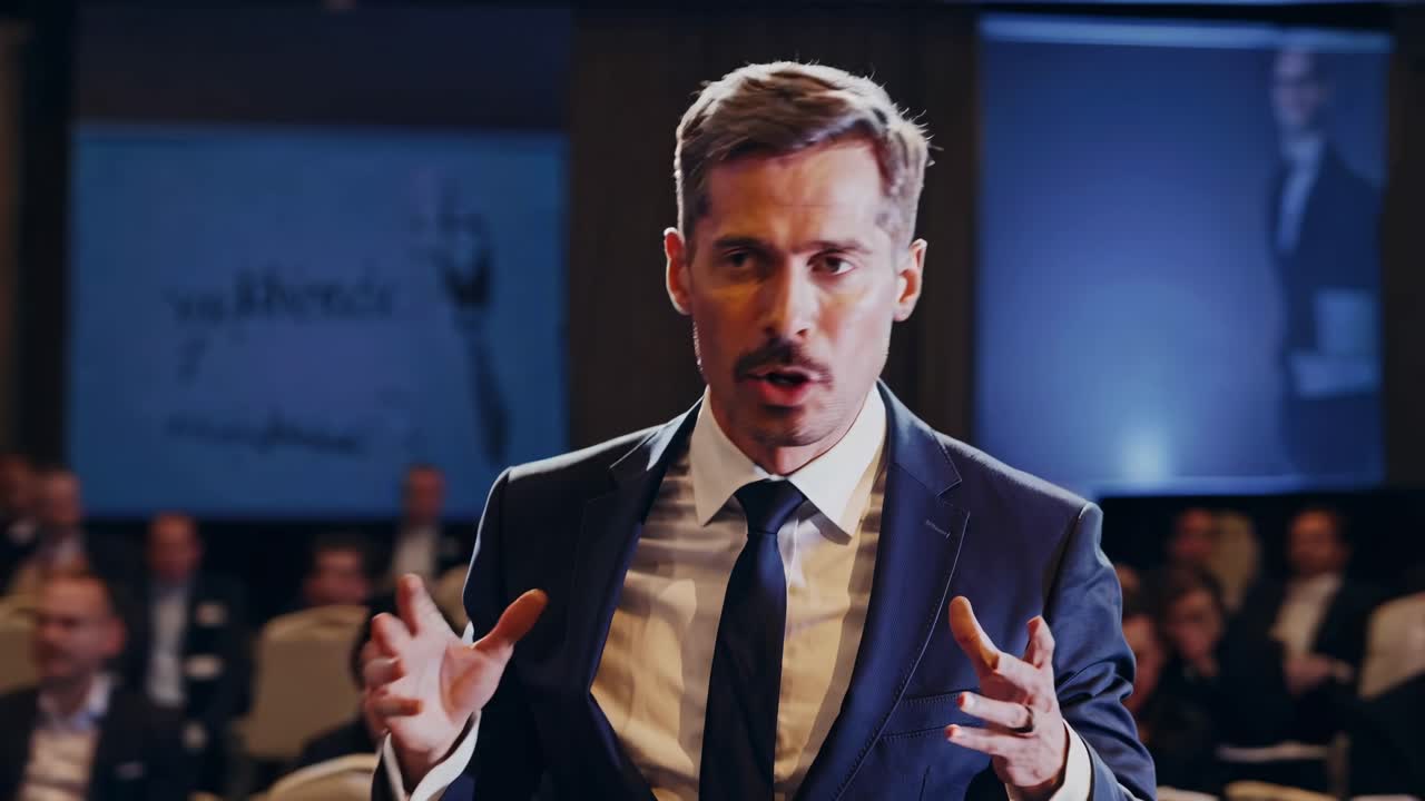 Dynamic video of a speaker in a suit gesturing passionately, captured from a low angle