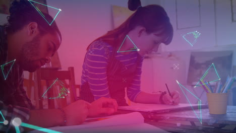 animación de formas que caen sobre un grupo diverso de niños clase de arte