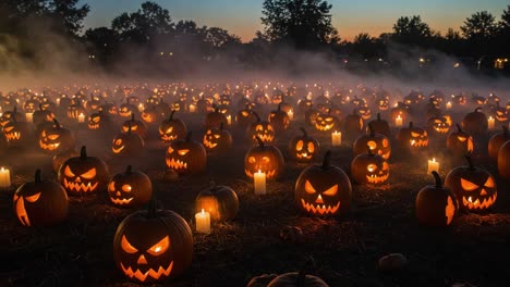 a spooky night scene with glowing jack-o'-lanterns and flickering candles in a pumpkin patch surrounded by mystical fog at dusk