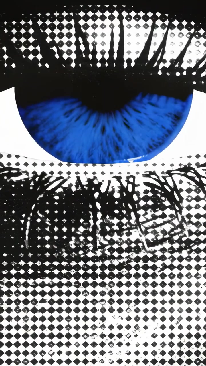 Vertical video: Starting graphic eye shifting up and down closeup, revealing blue iris and halftone