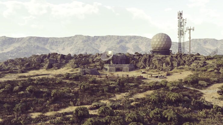 Mysterious landscape featuring communication structures on a rugged mountain