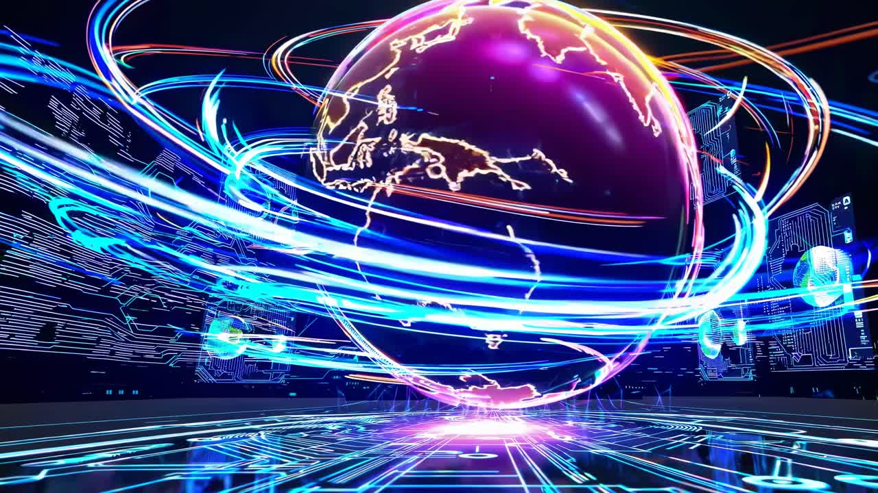 Video futuristico con un globo digitale circondato da flussi di dati al neon