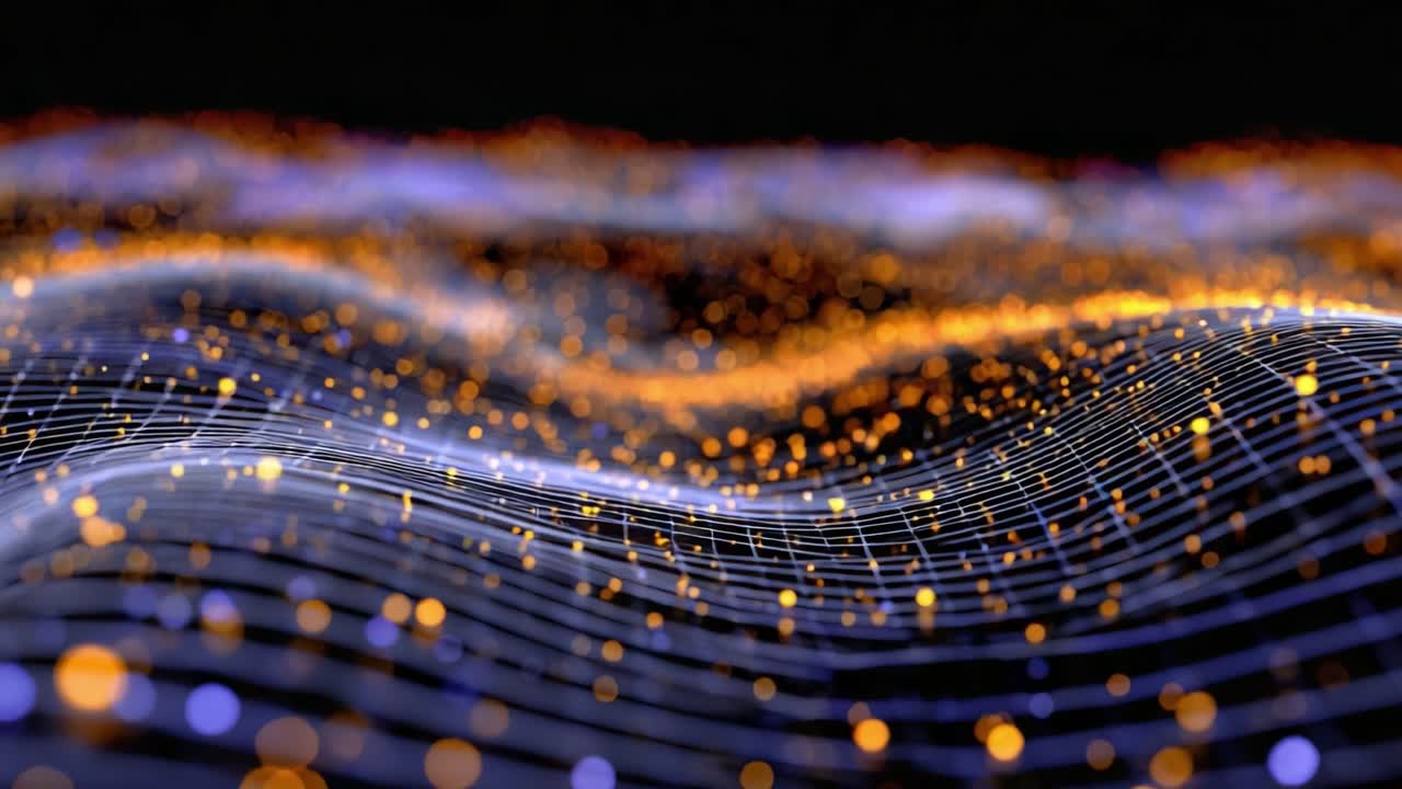 Dynamische stroom van kleurrijke deeltjes in een golfachtige structuur: Een verbluffende visualisatie van licht, beweging en technologie die de kijker boeit met zijn levendige weergave.