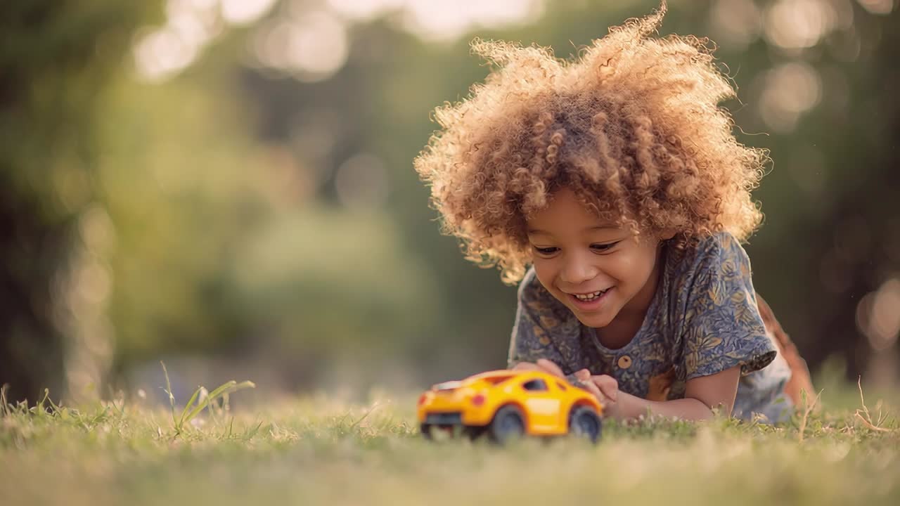 Child enjoys playtime with toy car in sunny outdoor setting
