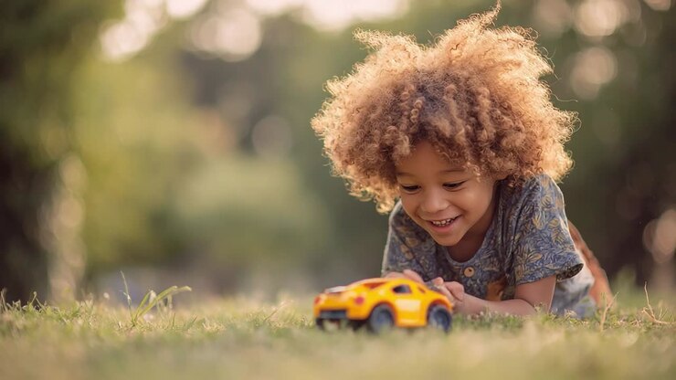 Criança se diverte brincando com carrinho de brinquedo em um ambiente ensolarado ao ar livre