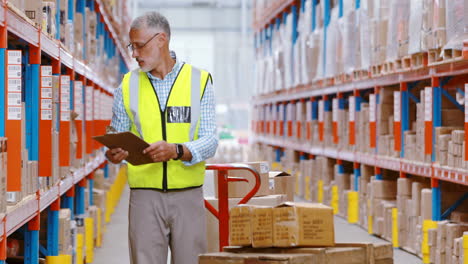 trabajador de almacén mirando paquetes