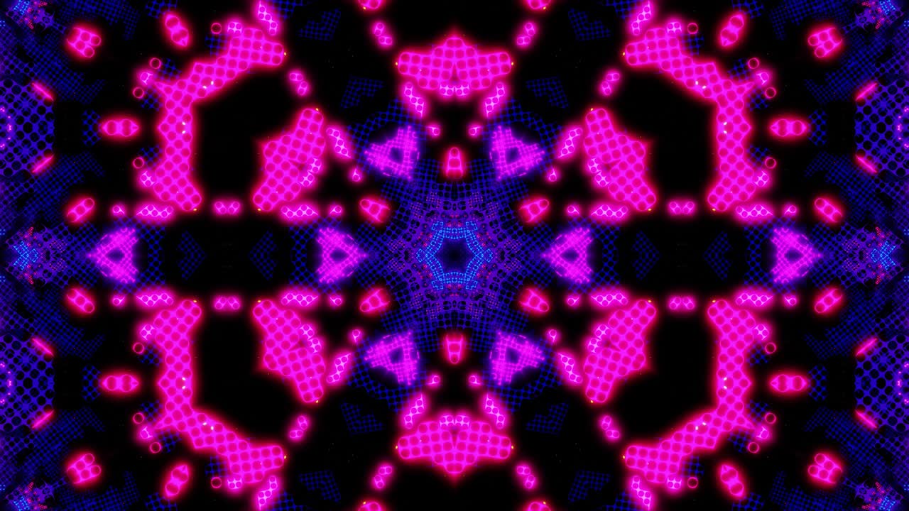 Jasné pozadí s neonovou září. 3D Vj smyčka: neonový světelný kaleidoskop. Svítící linie, symetrická kaleidoskopická struktura. Moderní pozadí s mřížkovou strukturou