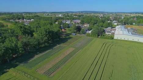 an aerial view of amish farmlands by a mobile, manufactured, prefab home park on a sunny summer day