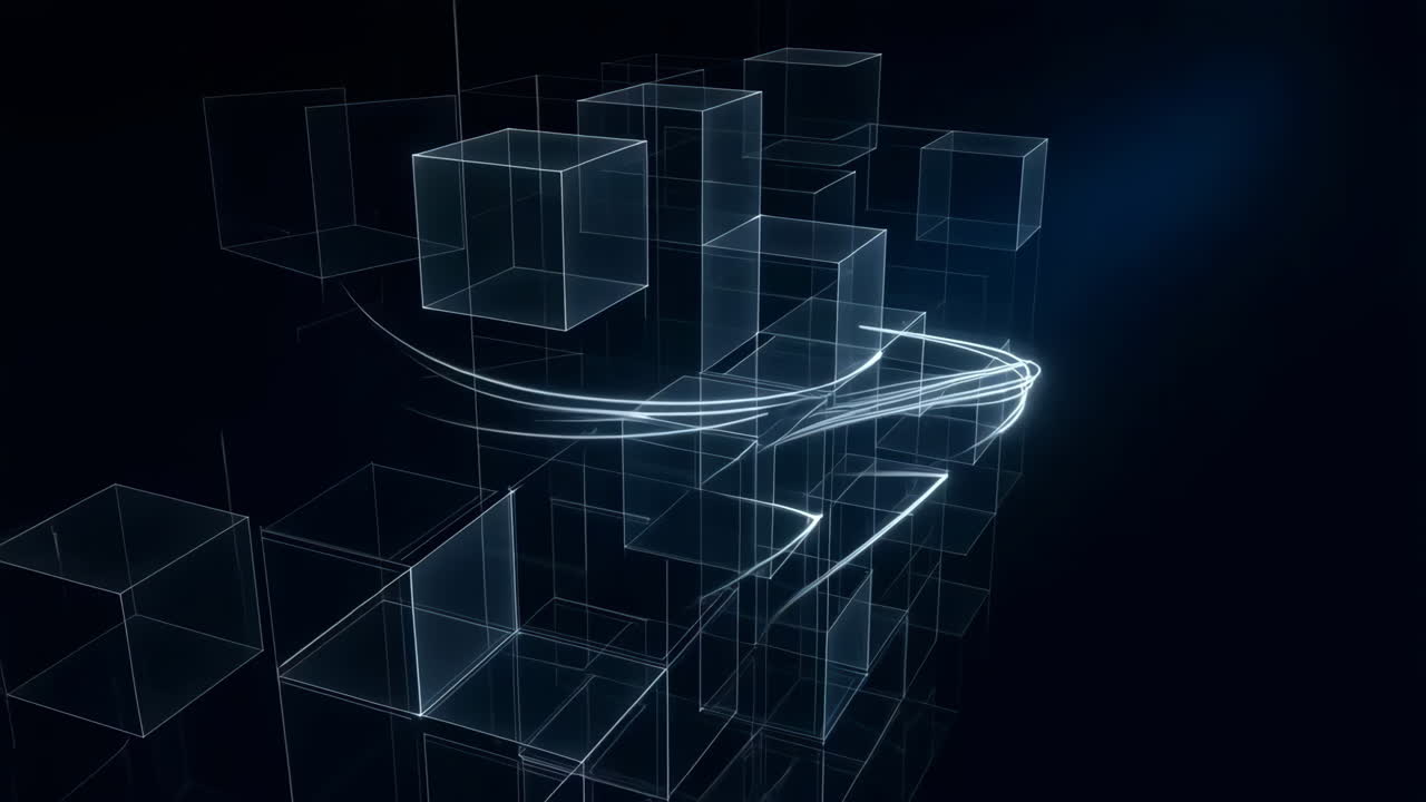 Abstract Digital Grid with Flowing Light Trails