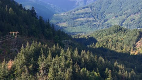 Powerlines-in-Nature:-Aerial-View-of-Iconic-Structures-amidst-Timbered-Beauty-near-Hope,-BC