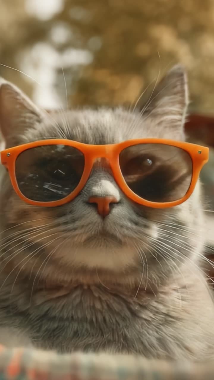 Kucing Bergaya dengan Kacamata Hitam Oranye Menikmati Alam Terbuka, Menampilkan Selera Mode Unik Sambil Bersantai dan Menikmati Pemandangan Indah