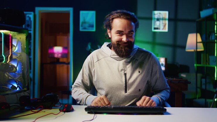 Creatore di contenuti felice con il pubblico durante una diretta streaming, facendo ridere gli spettatori