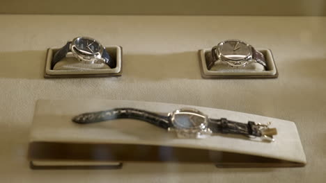 set of luxury watches arranged in barcelona wristwatch boutique display, rack focus