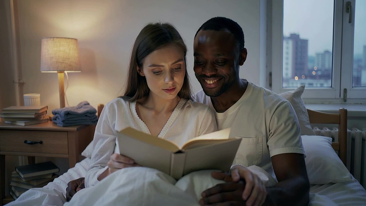 Acomodando-se na cama em casa com um livro, casal vestido lendo, homem inclinado, segurando a mão, relaxando