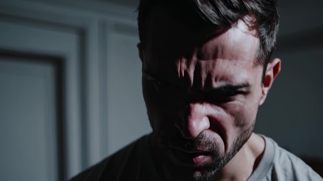Intense close-up video shot of a man with a furrowed brow, captured from a low angle