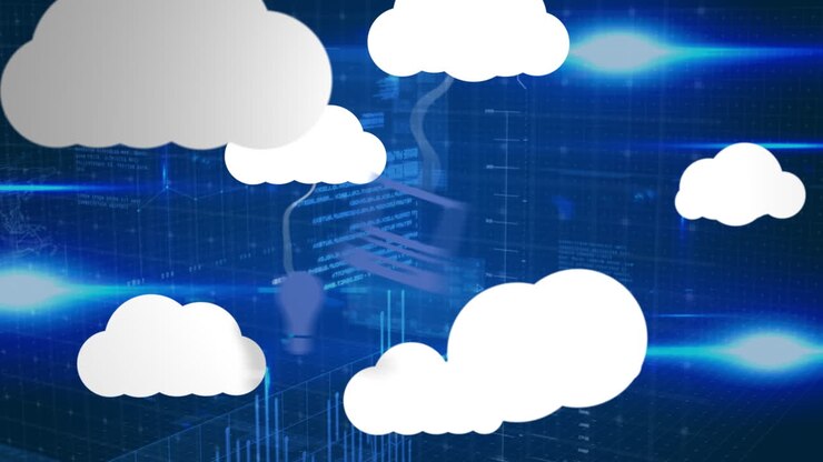 Animation of cloud icons and data processing over dark background