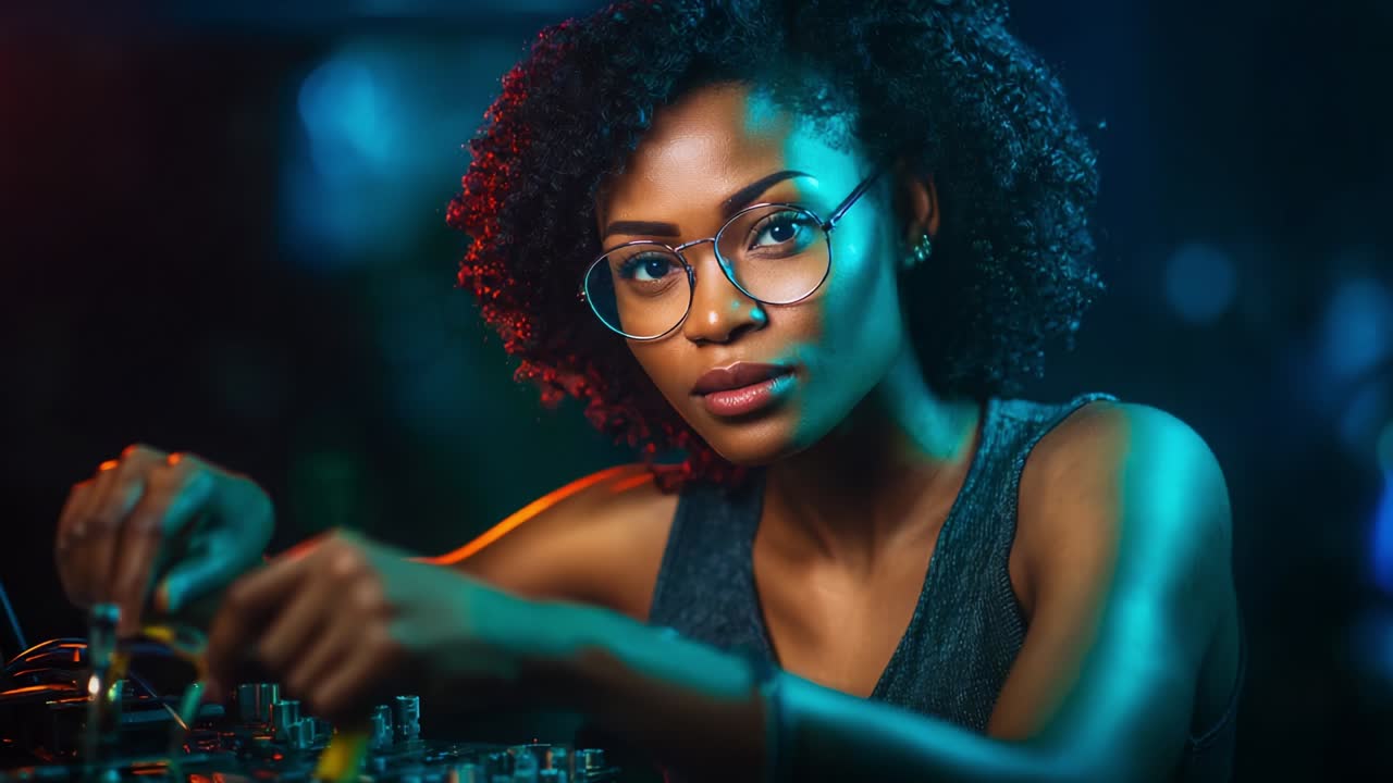 En dygtig DJ med krøllet hår og briller er intenst fokuseret på sin mixerpult og viser sit talent og sin passion for musik i en pulserende og farverig nattelivsatmosfære, omgivet af dynamisk belysning og energi.
