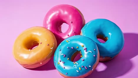 four delicious glazed donuts with sprinkles are creating a vibrant and tempting scene on a pink background, perfect for showcasing sweet treats and joyful indulgence