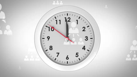 animación de personas iconos que se mueven hacia arriba sobre el reloj contra un fondo blanco, copiar espacio