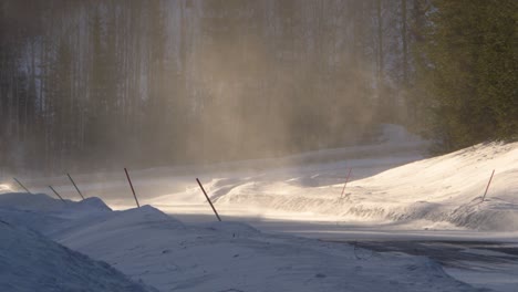 snowy forest road blown by swirly wind lifting up dry snow in the air - wide medium slow-motion shot