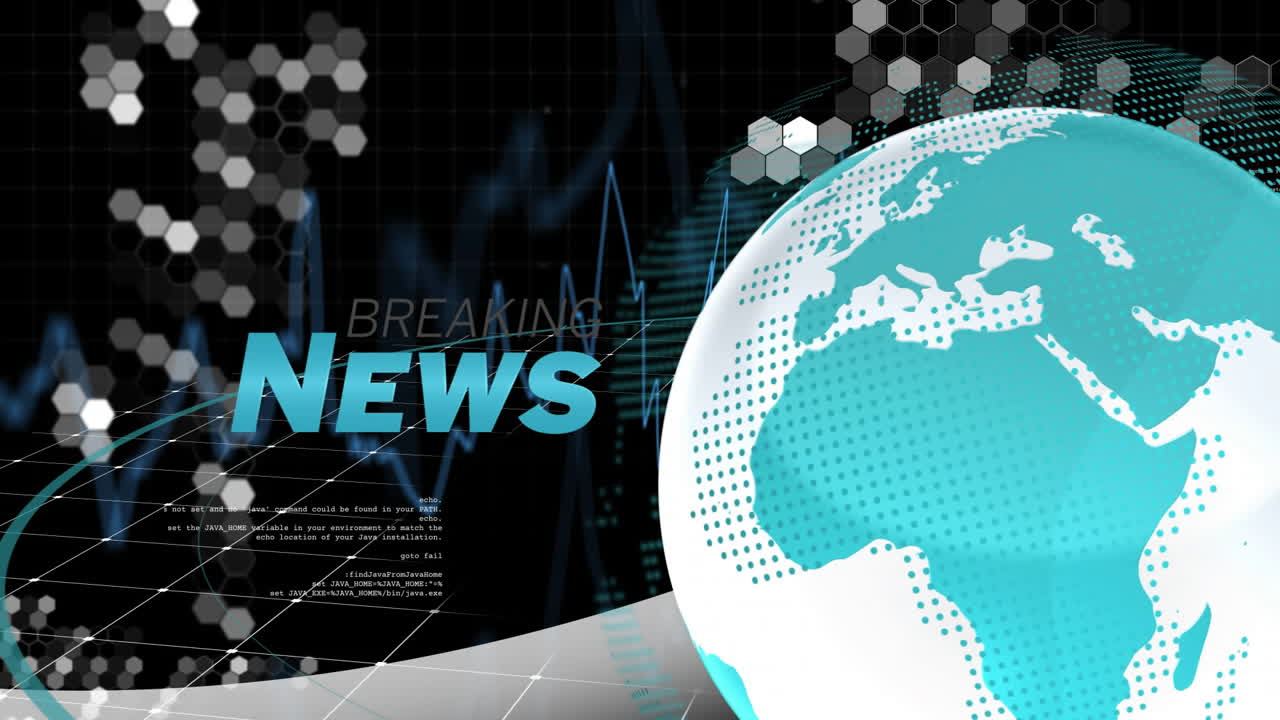Animación de texto de noticias de última hora con globo digital y patrones hexagonales