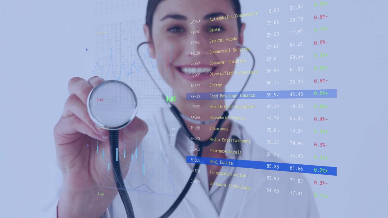 Doctora sonriendo, levantando un estetoscopio hacia la lente, activando una interfaz HUD financiera que muestra los costos.
