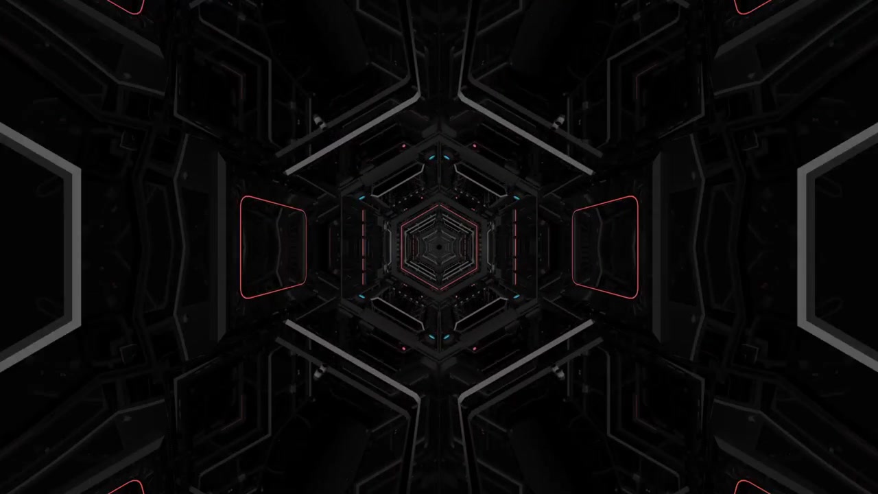 Futuristic Hexagonal Tunnel with Glowing Red and Blue Lights