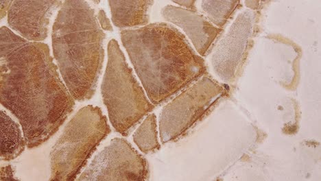 aerial view of arid landscape with salt flats and cracked earth patterns