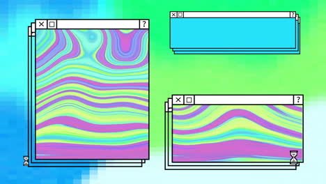 animation of windows with pink and green abstract swirl on green and blue desktop