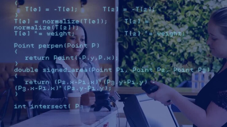 Animation of blue data processing over a mixed race woman standing in a cafe, paying with a credit c
