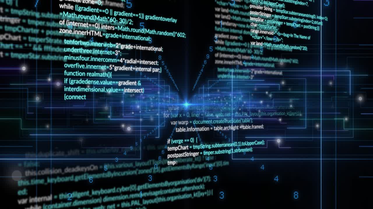 Initial camera zooming starting central glowing node and code panels converging, showing data flow