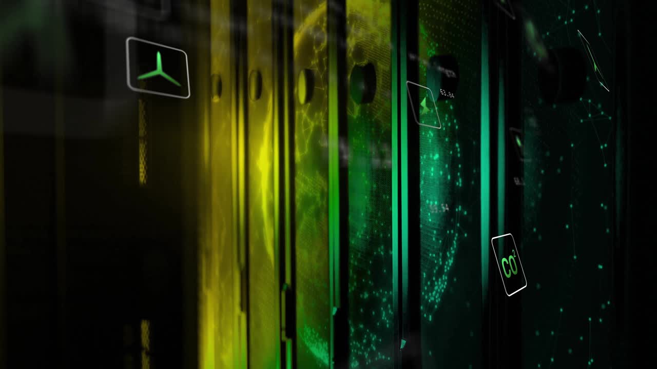 Initiating globe emergence camera panning server racks icons floating in order showing energy flow