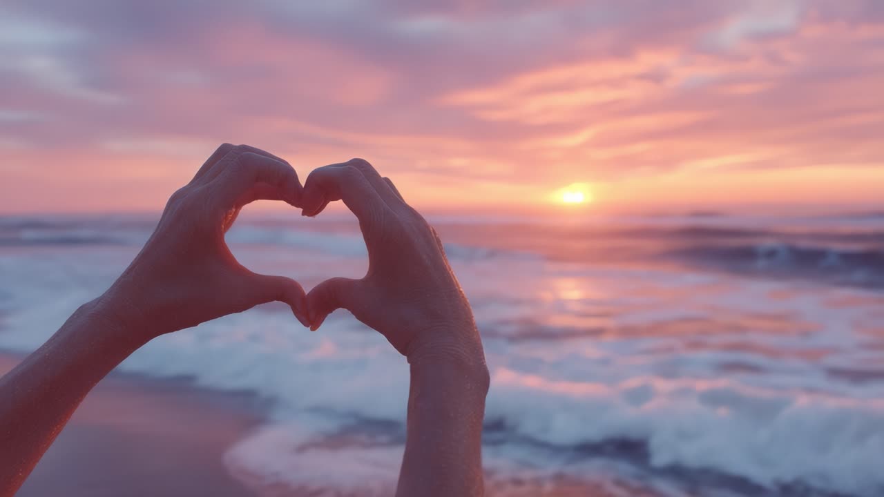 A Heart-Shaped Gesture Against a Breathtaking Sunset at the Beach Captures the Essence of Love and Connection with Nature's Radiant Beauty