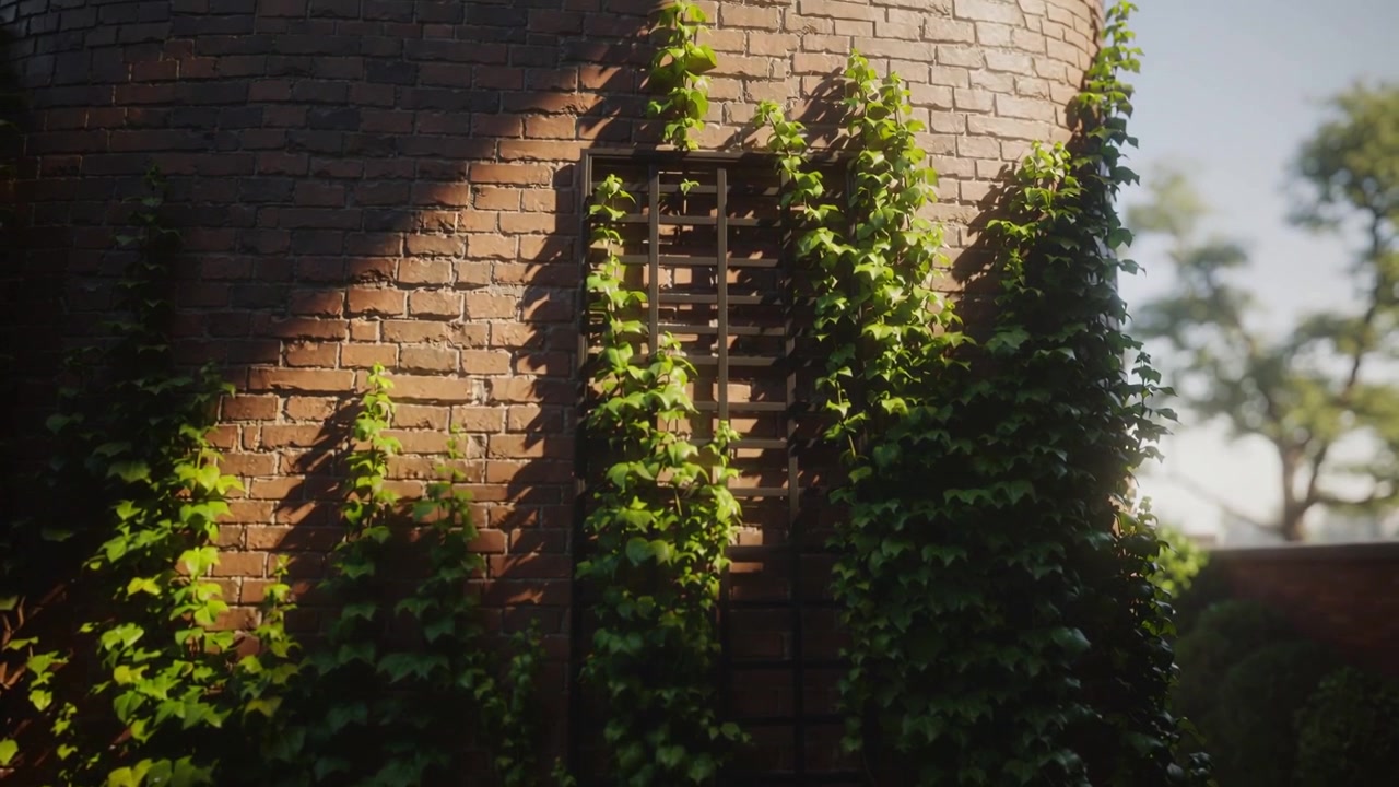 La telecamera si allontana, mostrando un muro di mattoni curvo con traliccio ed edera in un giardino, con la luce del sole che cambia.