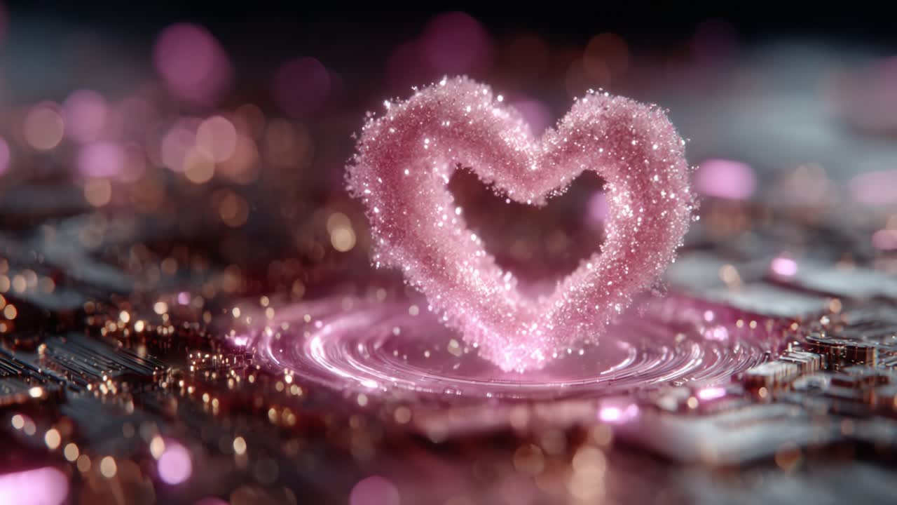 A Magical Heart Shape Formed from Sparkling Particles, Radiating With a Beautiful Glow and Creating Ripples on a Shimmering Surface, Capturing the Essence of Love and Emotion