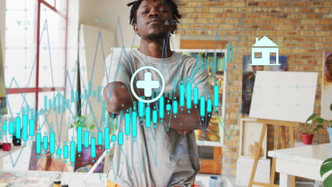 animación de iconos, gráficos, números cambiantes, pintor afroamericano de pie con los brazos cruzados