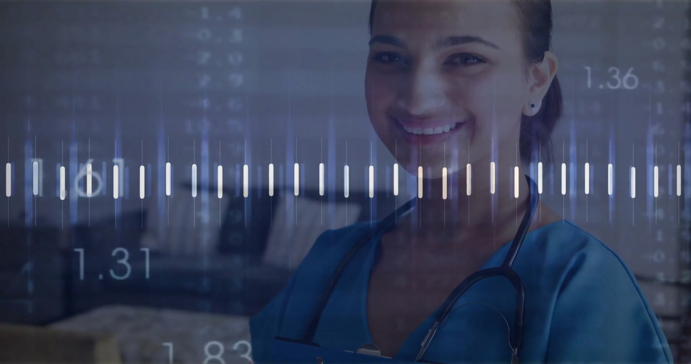 Healthcare worker smiling after animated line graph pulsing in lounge showing patient data progress