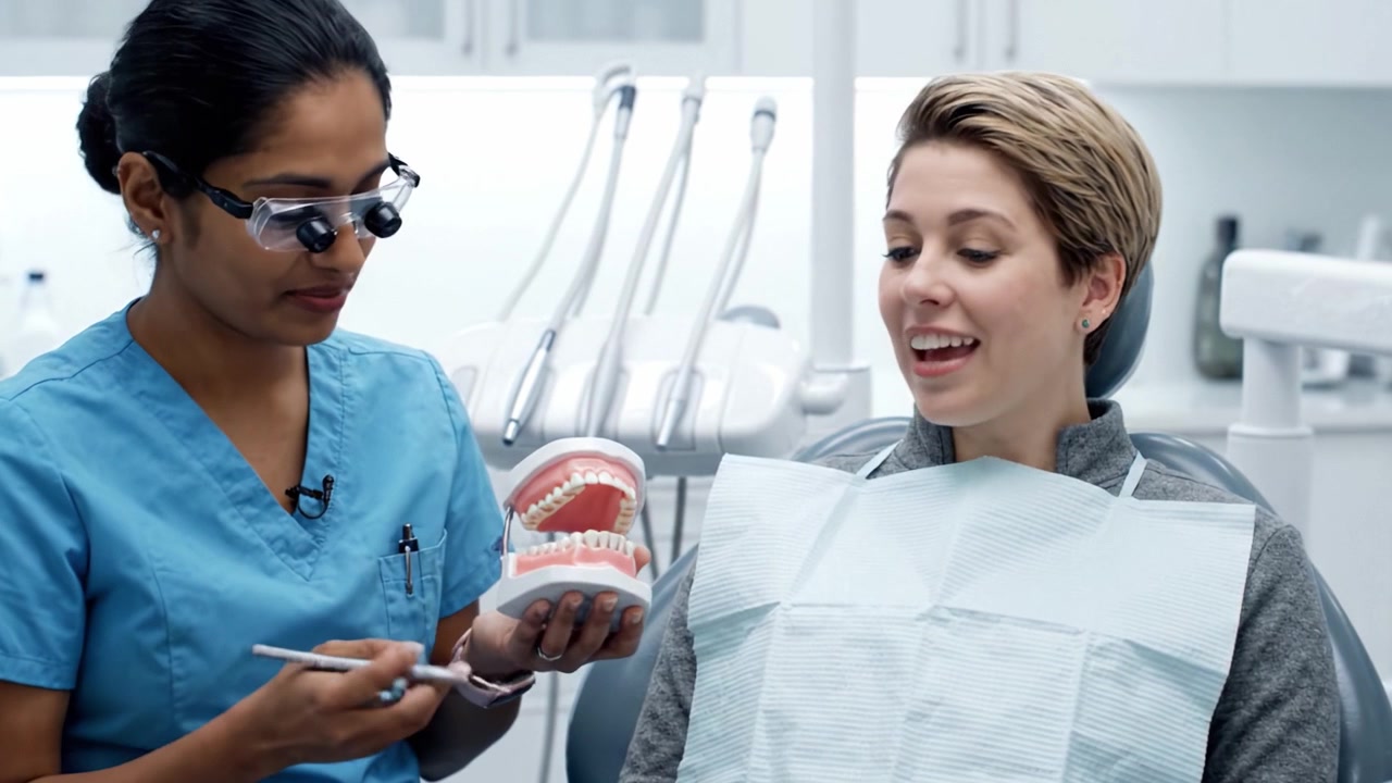 Dentista spiega tecniche di igiene orale al paziente usando un modello dentale in un moderno ambiente clinico.