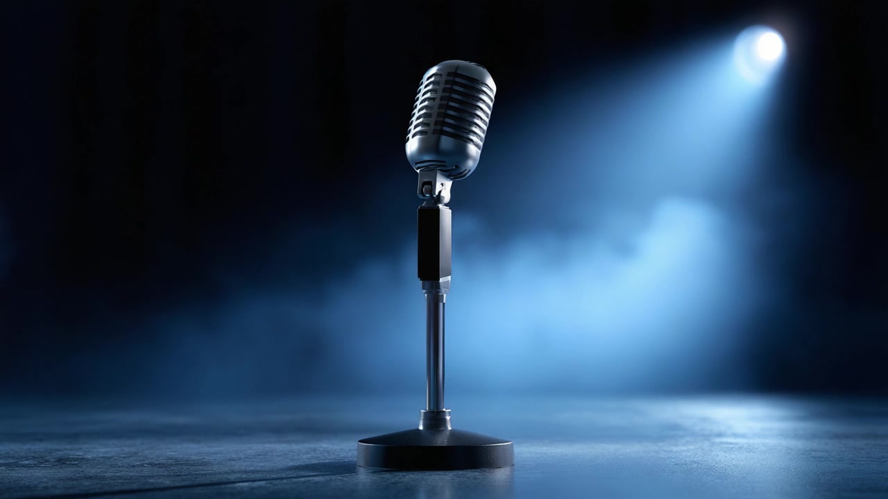 Stunning Close-Up of a Vintage Microphone Bathed in Dramatic Lighting, Perfectly Capturing the Essence of Performance and Creativity in a Theatrical Setting