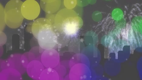 Animation-of-colourful-spots-over-white-new-year-fireworks-exploding-and-silhouetted-cityscape