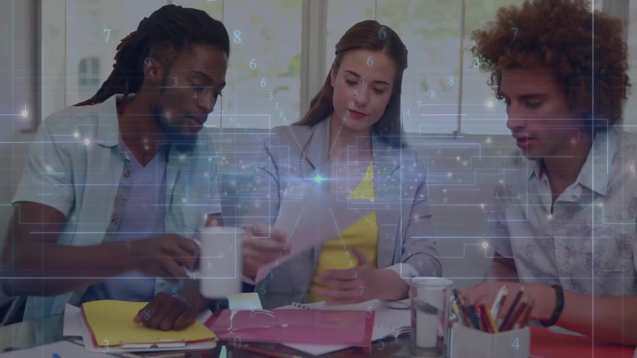 Right hand adding folder, woman opening folder while team reviewing digital grid for business