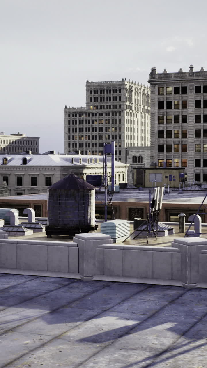 Rooftop view of city buildings under blue sky on a sunny day